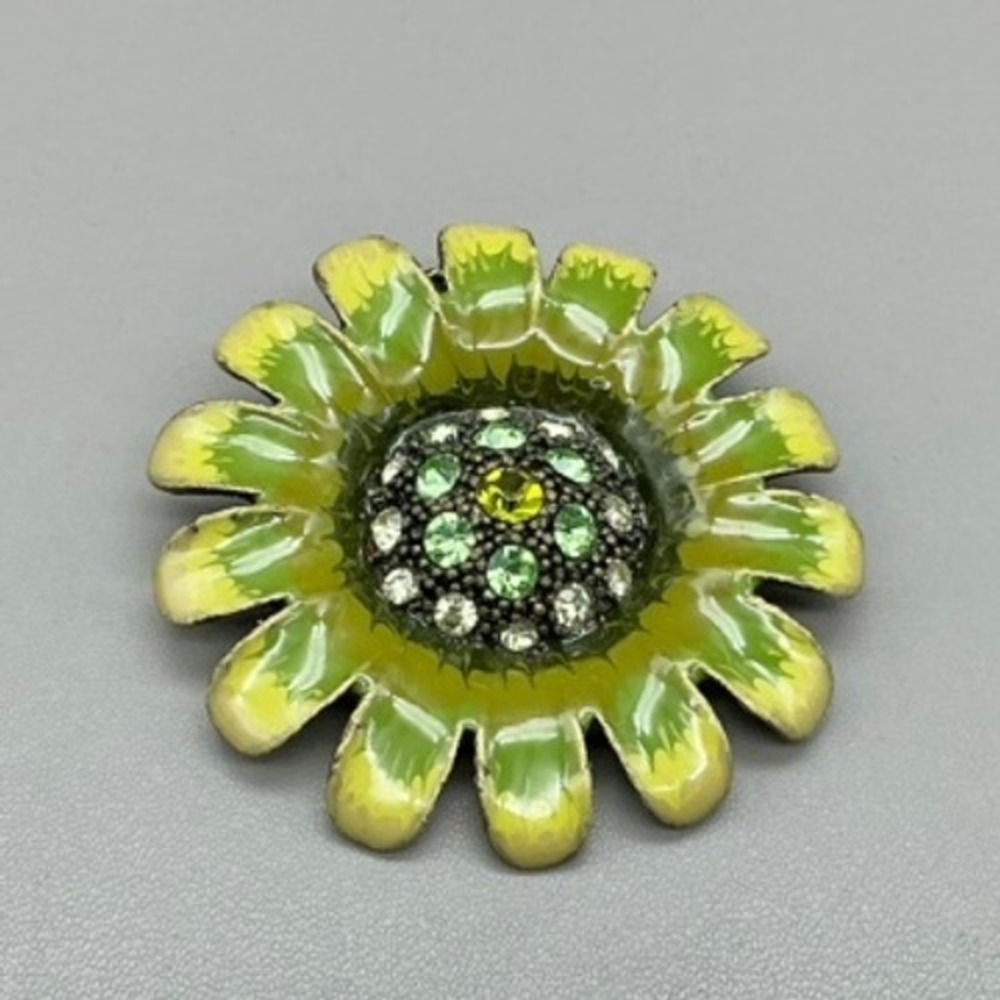 Flower Brooch Pin Women Green Enamel Rhinestone Sunflower Vintage Style Jewelry